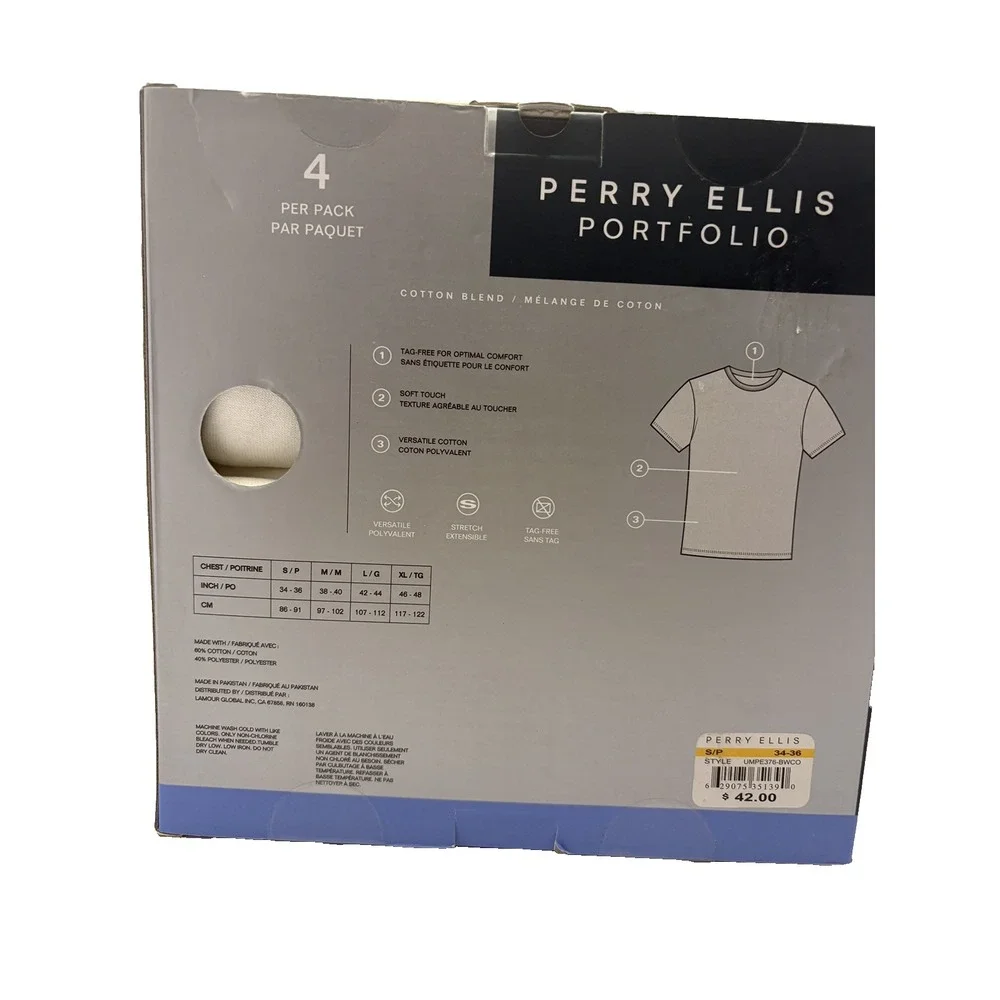 NEW Perry Ellis Portfolio Men's Crew Neck Undershirt Tagless Stretch 4-Pack S/P